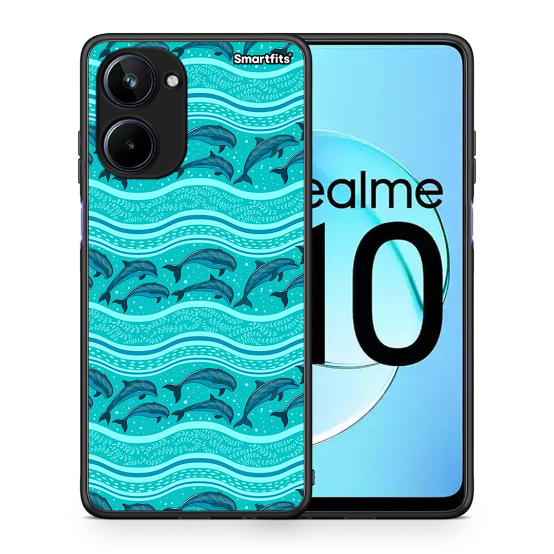 Θήκη Realme 10 Swimming Dolphins από τη Smartfits με σχέδιο στο πίσω μέρος και μαύρο περίβλημα | Realme 10 Swimming Dolphins Case with Colorful Back and Black Bezels