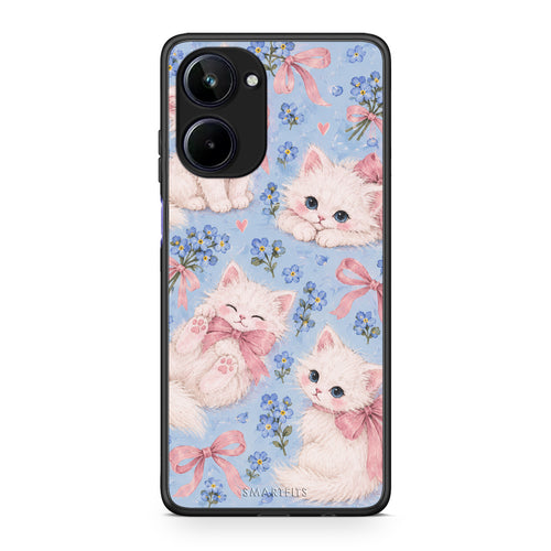 Θήκη Realme 10 White Kittens and Blue Flowers Large από τη Smartfits με σχέδιο στο πίσω μέρος και μαύρο περίβλημα | Realme 10 White Kittens and Blue Flowers Large case with colorful back and black bezels