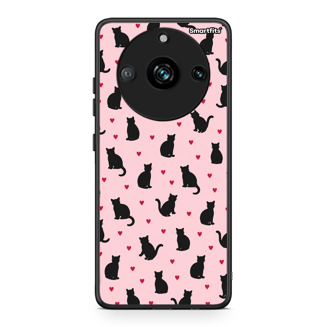 Θήκη Realme 11 Pro+ Black Cat Silhouettes and Hearts on Pink από τη Smartfits με σχέδιο στο πίσω μέρος και μαύρο περίβλημα | Realme 11 Pro+ Black Cat Silhouettes and Hearts on Pink case with colorful back and black bezels