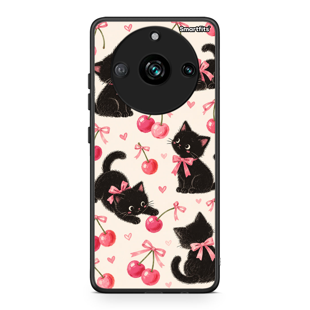 Θήκη Realme 11 Pro+ Black Kittens and Cherries on Cream από τη Smartfits με σχέδιο στο πίσω μέρος και μαύρο περίβλημα | Realme 11 Pro+ Black Kittens and Cherries on Cream case with colorful back and black bezels