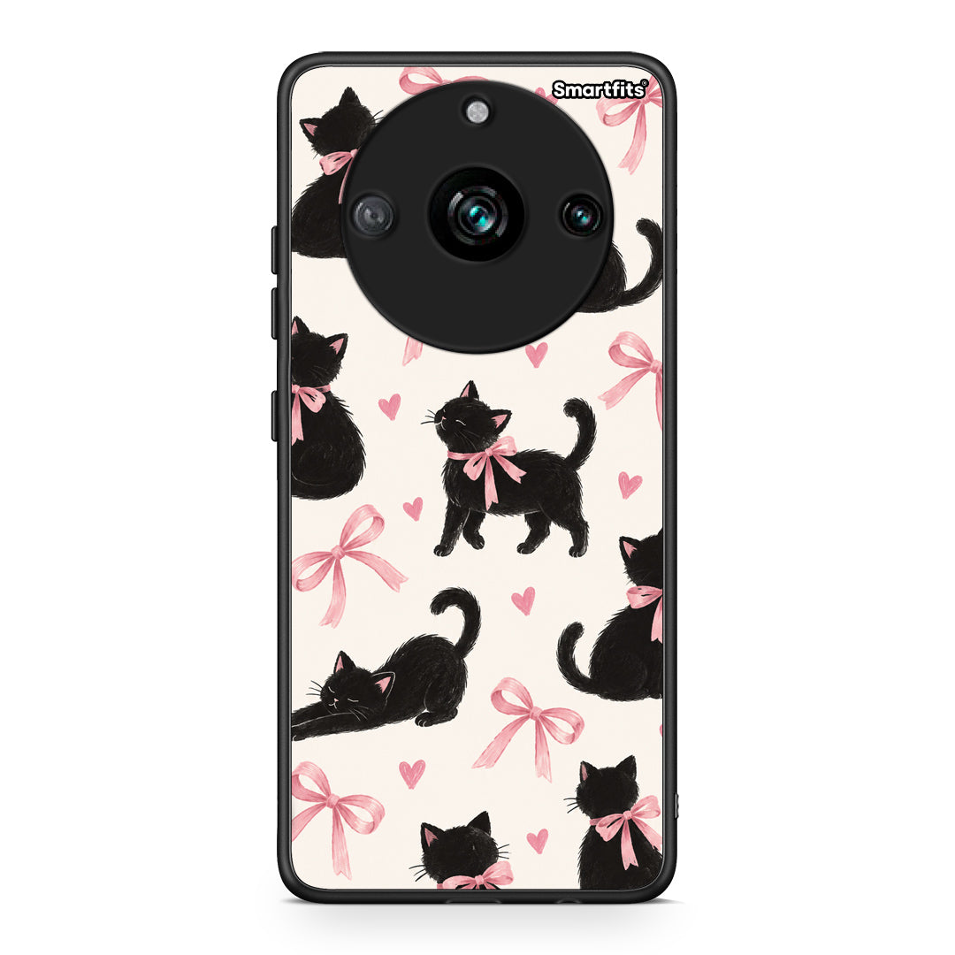 Θήκη Realme 11 Pro+ Black Kittens and Pink Bows on Cream Large από τη Smartfits με σχέδιο στο πίσω μέρος και μαύρο περίβλημα | Realme 11 Pro+ Black Kittens and Pink Bows on Cream Large case with colorful back and black bezels