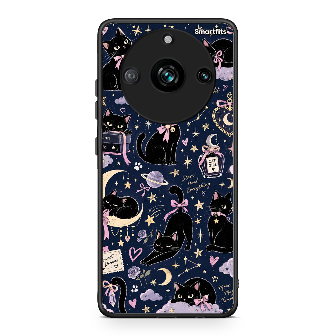 Θήκη Realme 11 Pro+ Celestial Black Cats on Navy από τη Smartfits με σχέδιο στο πίσω μέρος και μαύρο περίβλημα | Realme 11 Pro+ Celestial Black Cats on Navy case with colorful back and black bezels