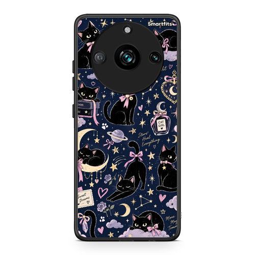 Θήκη Realme 11 Pro+ Celestial Black Cats on Navy από τη Smartfits με σχέδιο στο πίσω μέρος και μαύρο περίβλημα | Realme 11 Pro+ Celestial Black Cats on Navy case with colorful back and black bezels