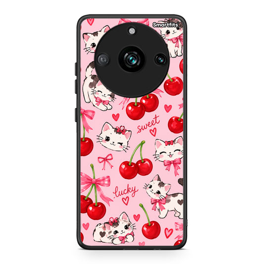 Θήκη Realme 11 Pro+ Cherries Bows and Kittens on Pink από τη Smartfits με σχέδιο στο πίσω μέρος και μαύρο περίβλημα | Realme 11 Pro+ Cherries Bows and Kittens on Pink case with colorful back and black bezels