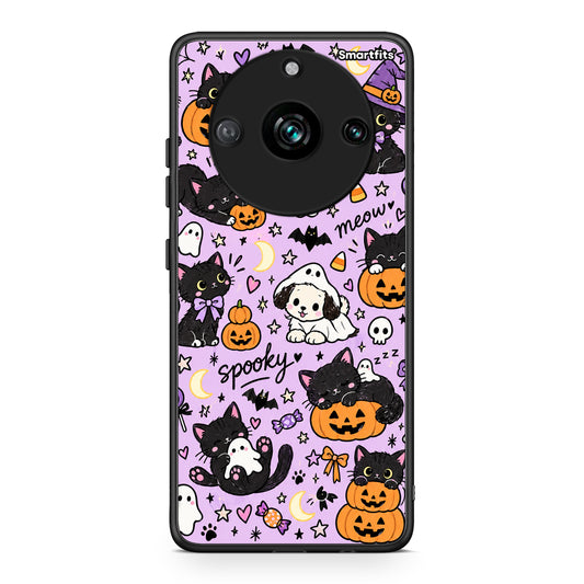 Θήκη Realme 11 Pro Halloween Black Cats on Lilac από τη Smartfits με σχέδιο στο πίσω μέρος και μαύρο περίβλημα | Realme 11 Pro Halloween Black Cats on Lilac case with colorful back and black bezels