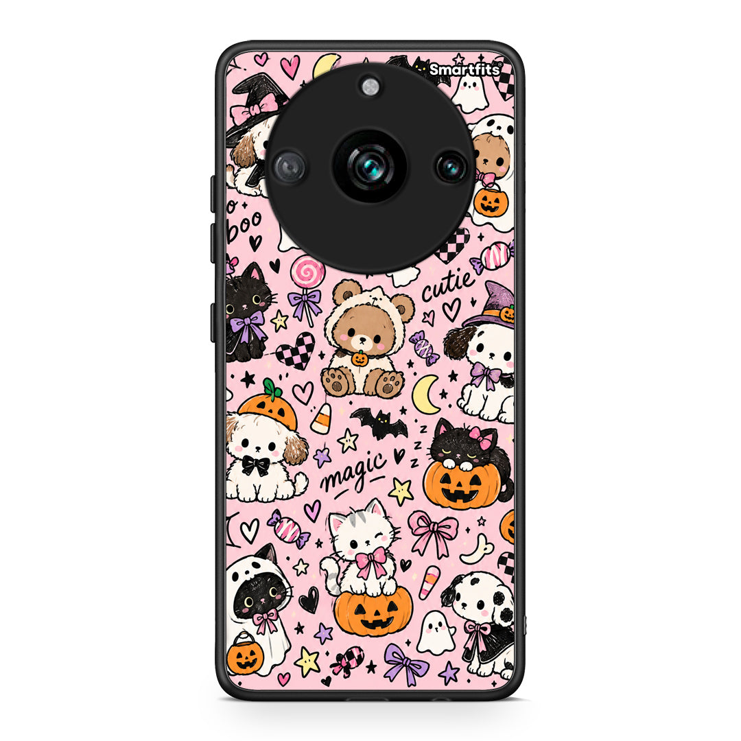 Θήκη Realme 11 Pro Halloween Cute Animals on Pink από τη Smartfits με σχέδιο στο πίσω μέρος και μαύρο περίβλημα | Realme 11 Pro Halloween Cute Animals on Pink case with colorful back and black bezels