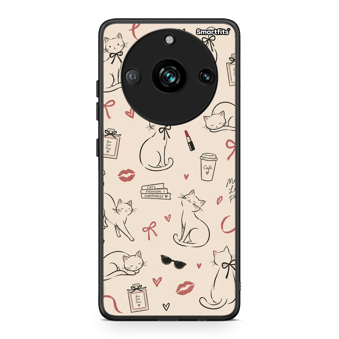 Θήκη Realme 11 Pro Minimal Cat and Fashion Doodles on Cream από τη Smartfits με σχέδιο στο πίσω μέρος και μαύρο περίβλημα | Realme 11 Pro Minimal Cat and Fashion Doodles on Cream case with colorful back and black bezels