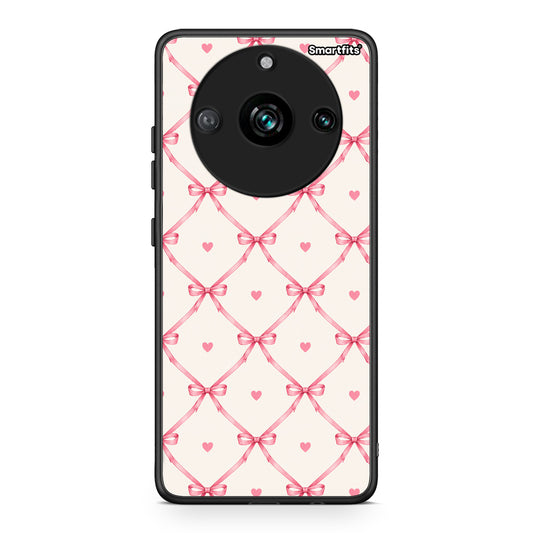 Θήκη Realme 11 Pro Pink Bow Lattice and Hearts on Cream από τη Smartfits με σχέδιο στο πίσω μέρος και μαύρο περίβλημα | Realme 11 Pro Pink Bow Lattice and Hearts on Cream case with colorful back and black bezels