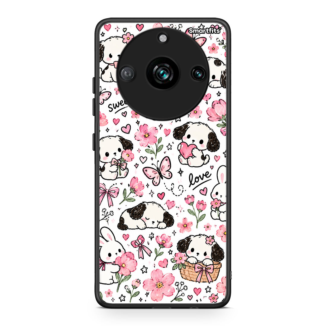 Θήκη Realme 11 Pro Pink Florals Puppies and Bunnies on White από τη Smartfits με σχέδιο στο πίσω μέρος και μαύρο περίβλημα | Realme 11 Pro Pink Florals Puppies and Bunnies on White case with colorful back and black bezels