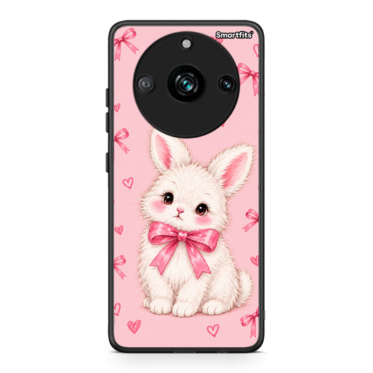 Θήκη Realme 11 Pro White Bunny and Pink Bows από τη Smartfits με σχέδιο στο πίσω μέρος και μαύρο περίβλημα | Realme 11 Pro White Bunny and Pink Bows case with colorful back and black bezels