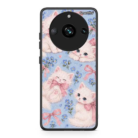 Θήκη Realme 11 Pro White Kittens and Blue Flowers Large από τη Smartfits με σχέδιο στο πίσω μέρος και μαύρο περίβλημα | Realme 11 Pro White Kittens and Blue Flowers Large case with colorful back and black bezels