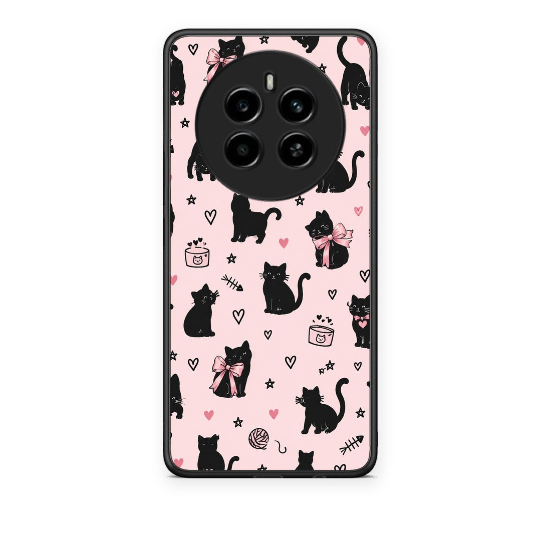Θήκη Realme 12 4G / 12+ / 13 4G Black Cat Doodles on Pink από τη Smartfits με σχέδιο στο πίσω μέρος και μαύρο περίβλημα | Realme 12 4G / 12+ / 13 4G Black Cat Doodles on Pink case with colorful back and black bezels