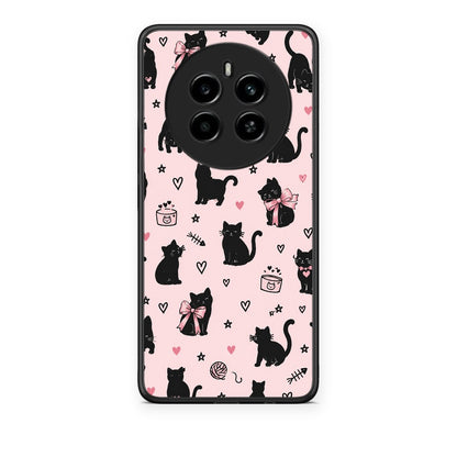 Θήκη Realme 12 4G / 12+ / 13 4G Black Cat Doodles on Pink από τη Smartfits με σχέδιο στο πίσω μέρος και μαύρο περίβλημα | Realme 12 4G / 12+ / 13 4G Black Cat Doodles on Pink case with colorful back and black bezels