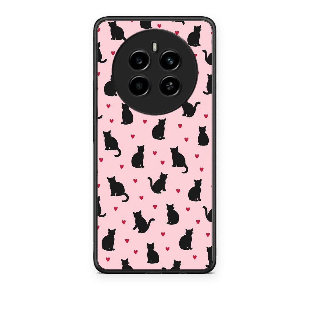 Θήκη Realme 12 4G / 12+ / 13 4G Black Cat Silhouettes and Hearts on Pink από τη Smartfits με σχέδιο στο πίσω μέρος και μαύρο περίβλημα | Realme 12 4G / 12+ / 13 4G Black Cat Silhouettes and Hearts on Pink case with colorful back and black bezels