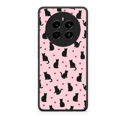 Θήκη Realme 12 4G / 12+ / 13 4G Black Cat Silhouettes and Hearts on Pink από τη Smartfits με σχέδιο στο πίσω μέρος και μαύρο περίβλημα | Realme 12 4G / 12+ / 13 4G Black Cat Silhouettes and Hearts on Pink case with colorful back and black bezels