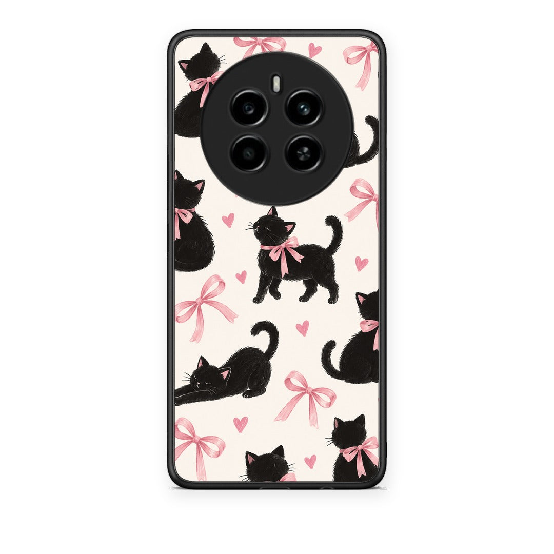 Θήκη Realme 12 4G / 12+ / 13 4G Black Kittens and Pink Bows on Cream Large από τη Smartfits με σχέδιο στο πίσω μέρος και μαύρο περίβλημα | Realme 12 4G / 12+ / 13 4G Black Kittens and Pink Bows on Cream Large case with colorful back and black bezels