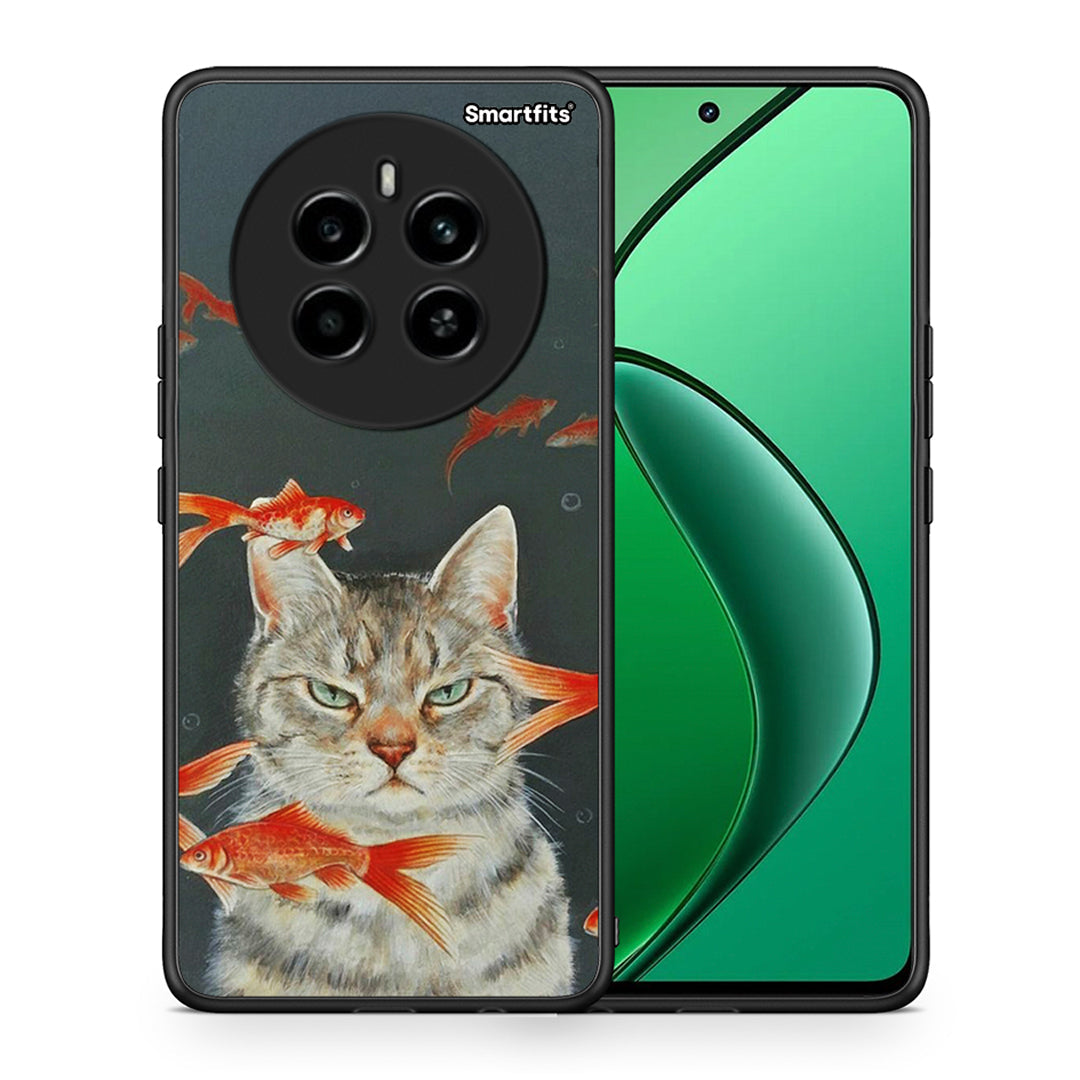 Θήκη Realme 12 4G / 12+ / 13 4G Cat Goldfish από τη Smartfits με σχέδιο στο πίσω μέρος και μαύρο περίβλημα | Realme 12 4G / 12+ / 13 4G Cat Goldfish case with colorful back and black bezels