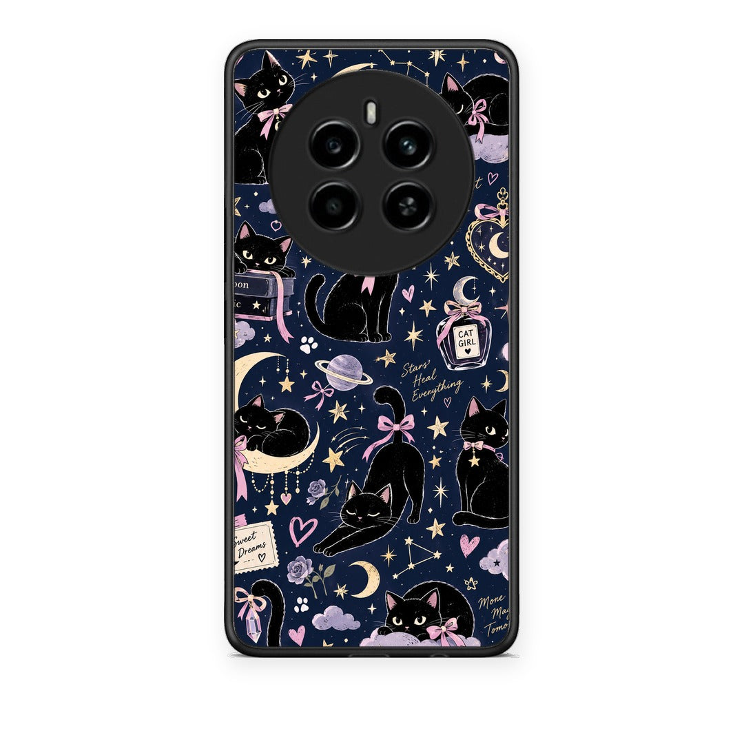 Θήκη Realme 12 4G / 12+ / 13 4G Celestial Black Cats on Navy από τη Smartfits με σχέδιο στο πίσω μέρος και μαύρο περίβλημα | Realme 12 4G / 12+ / 13 4G Celestial Black Cats on Navy case with colorful back and black bezels