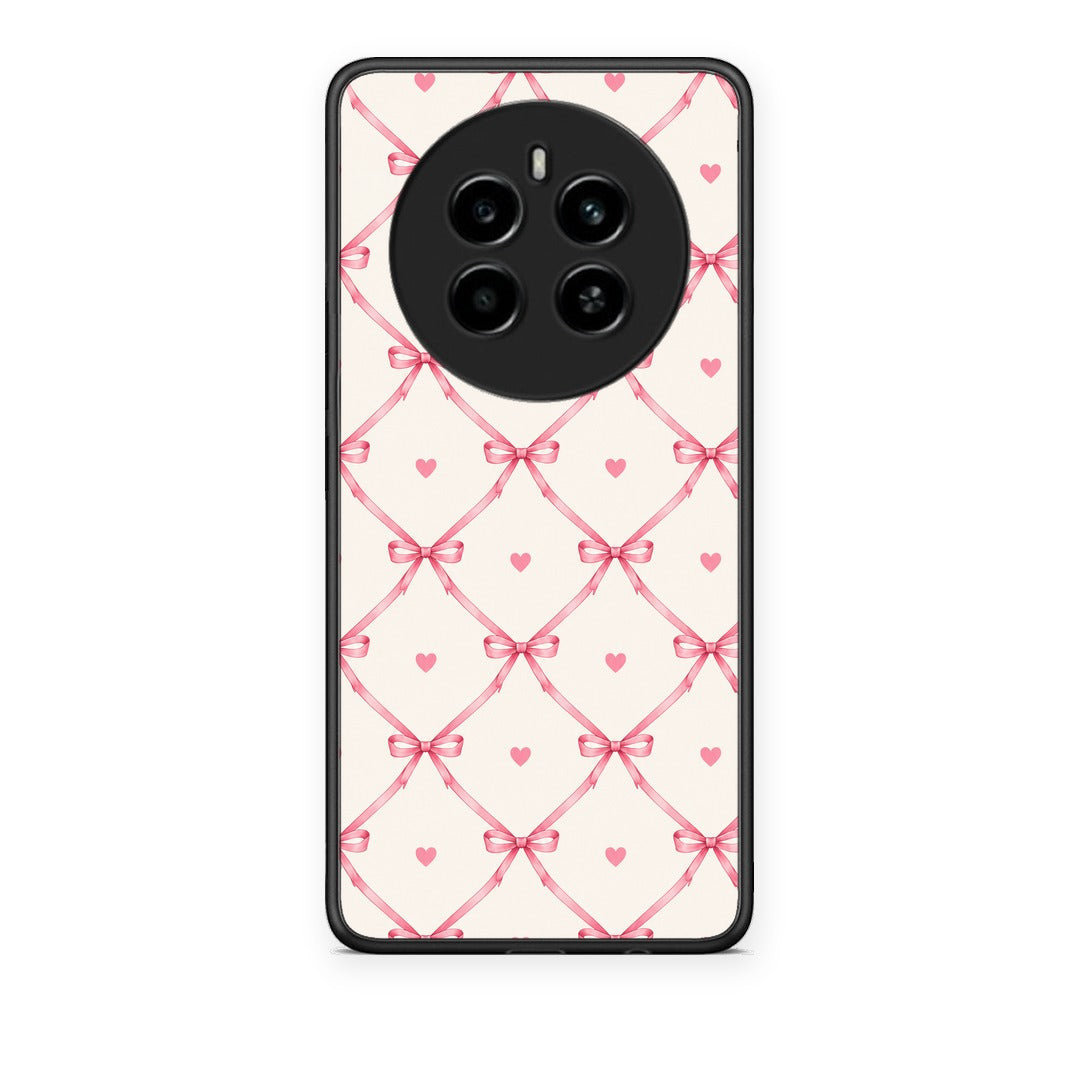 Θήκη Realme 12 4G / 12+ / 13 4G Pink Bow Lattice and Hearts on Cream από τη Smartfits με σχέδιο στο πίσω μέρος και μαύρο περίβλημα | Realme 12 4G / 12+ / 13 4G Pink Bow Lattice and Hearts on Cream case with colorful back and black bezels