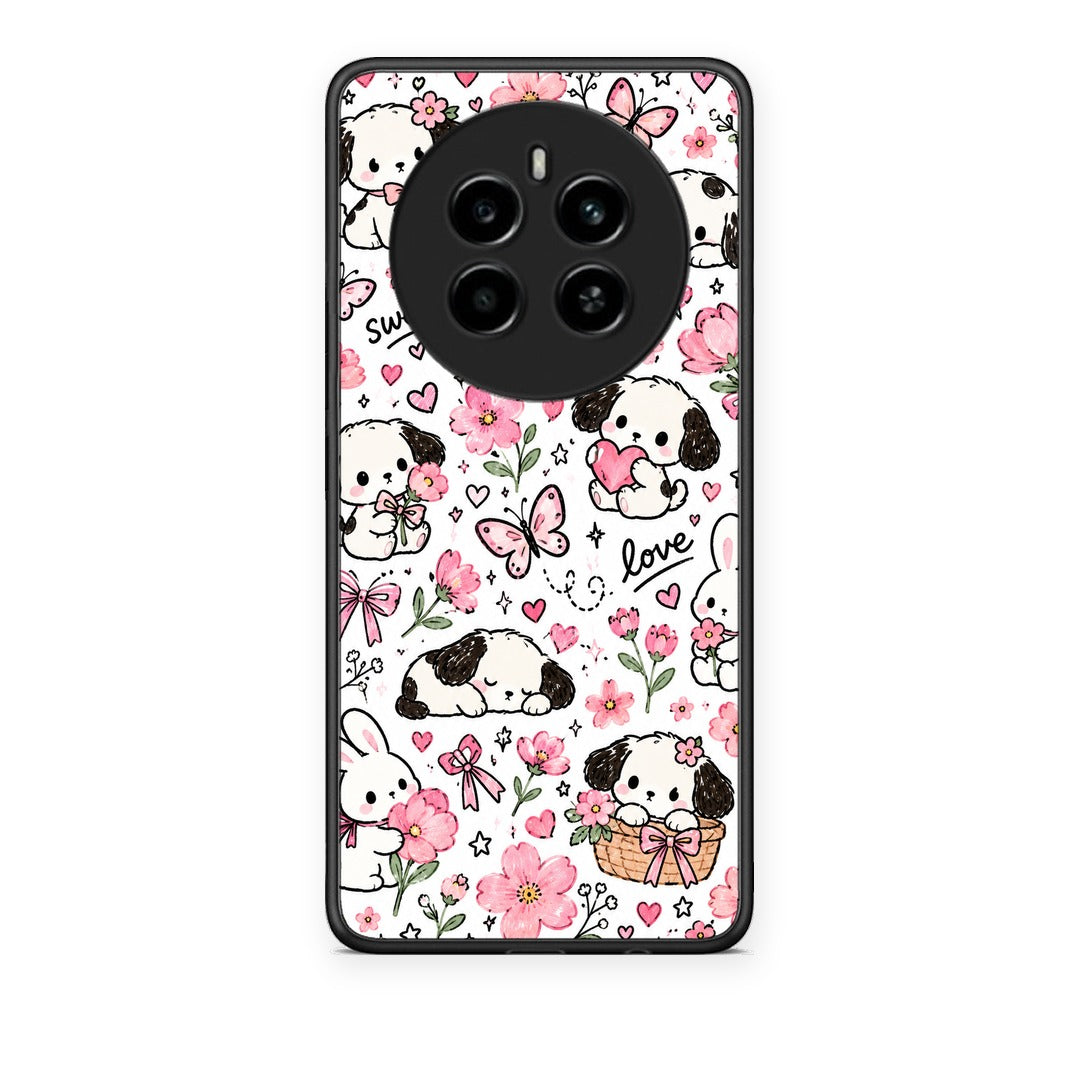 Θήκη Realme 12 4G / 12+ / 13 4G Pink Florals Puppies and Bunnies on White από τη Smartfits με σχέδιο στο πίσω μέρος και μαύρο περίβλημα | Realme 12 4G / 12+ / 13 4G Pink Florals Puppies and Bunnies on White case with colorful back and black bezels