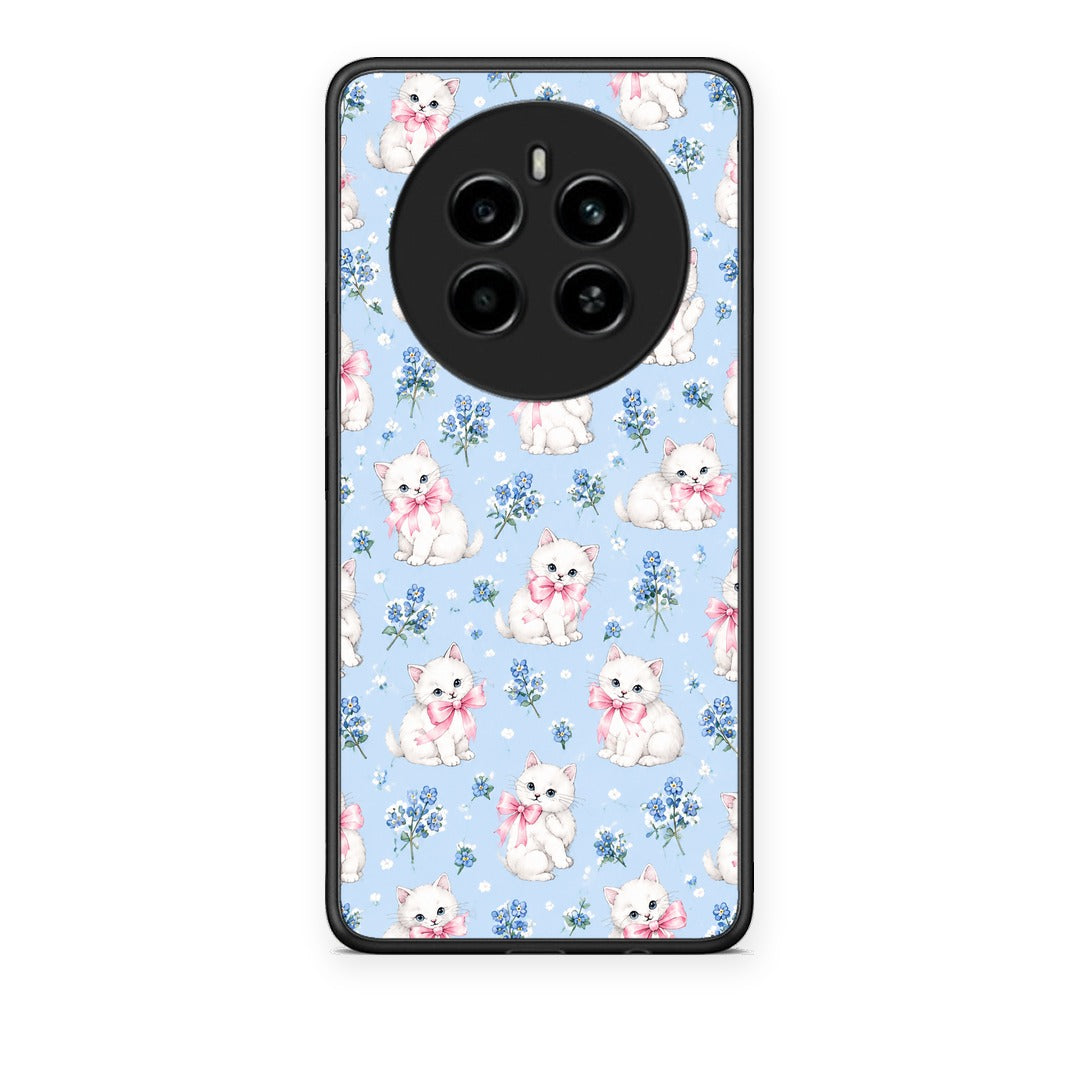 Θήκη Realme 12 4G / 12+ / 13 4G White Kittens and Blue Flowers Small από τη Smartfits με σχέδιο στο πίσω μέρος και μαύρο περίβλημα | Realme 12 4G / 12+ / 13 4G White Kittens and Blue Flowers Small case with colorful back and black bezels