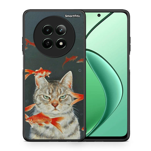 Θήκη Realme 12 5G Cat Goldfish από τη Smartfits με σχέδιο στο πίσω μέρος και μαύρο περίβλημα | Realme 12 5G Cat Goldfish case with colorful back and black bezels