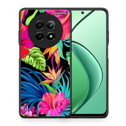 Θήκη Realme 12 5G Tropical Flowers από τη Smartfits με σχέδιο στο πίσω μέρος και μαύρο περίβλημα | Realme 12 5G Tropical Flowers case with colorful back and black bezels