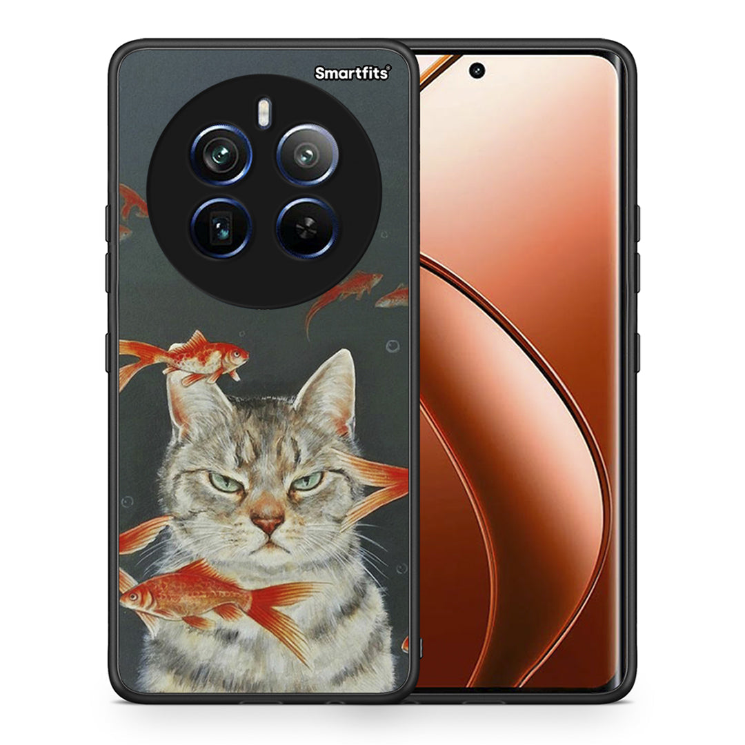 Θήκη Realme 12 Pro 5G / 12 Pro+ Cat Goldfish από τη Smartfits με σχέδιο στο πίσω μέρος και μαύρο περίβλημα | Realme 12 Pro 5G / 12 Pro+ Cat Goldfish case with colorful back and black bezels