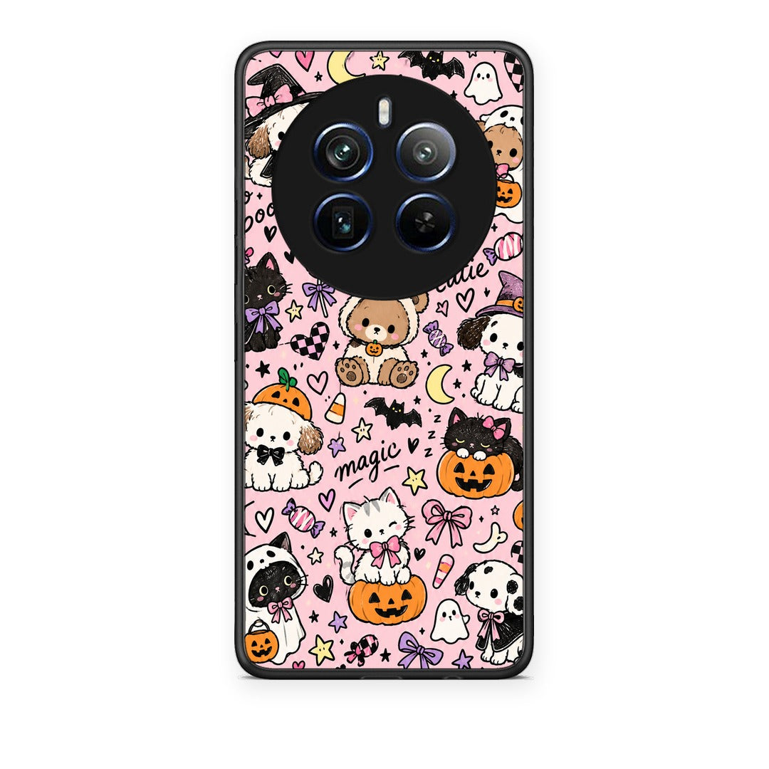 Θήκη Realme 12 Pro 5G / 12 Pro+ Halloween Cute Animals on Pink από τη Smartfits με σχέδιο στο πίσω μέρος και μαύρο περίβλημα | Realme 12 Pro 5G / 12 Pro+ Halloween Cute Animals on Pink case with colorful back and black bezels