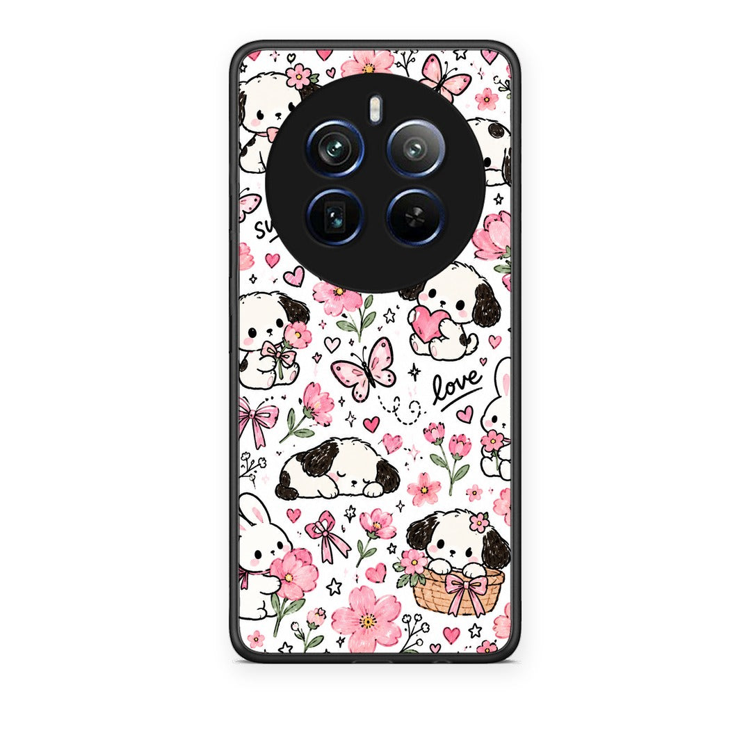 Θήκη Realme 12 Pro 5G / 12 Pro+ Pink Florals Puppies and Bunnies on White από τη Smartfits με σχέδιο στο πίσω μέρος και μαύρο περίβλημα | Realme 12 Pro 5G / 12 Pro+ Pink Florals Puppies and Bunnies on White case with colorful back and black bezels