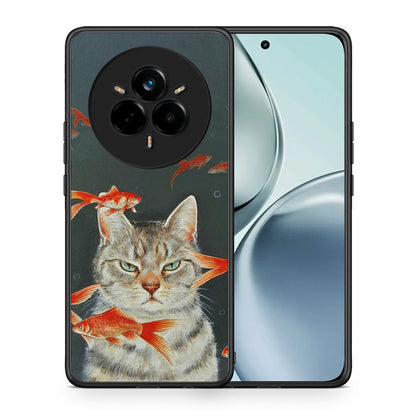Θήκη Realme 14 Pro Cat Goldfish από τη Smartfits με σχέδιο στο πίσω μέρος και μαύρο περίβλημα | Realme 14 Pro Cat Goldfish case with colorful back and black bezels