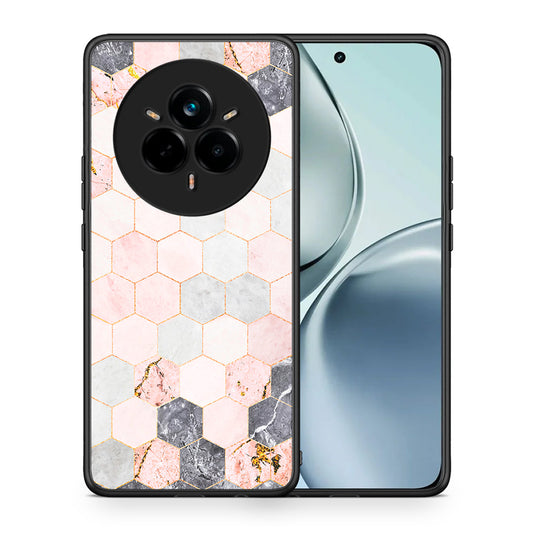 Θήκη Realme 14 Pro Hexagon Pink Marble από τη Smartfits με σχέδιο στο πίσω μέρος και μαύρο περίβλημα | Realme 14 Pro Hexagon Pink Marble case with colorful back and black bezels