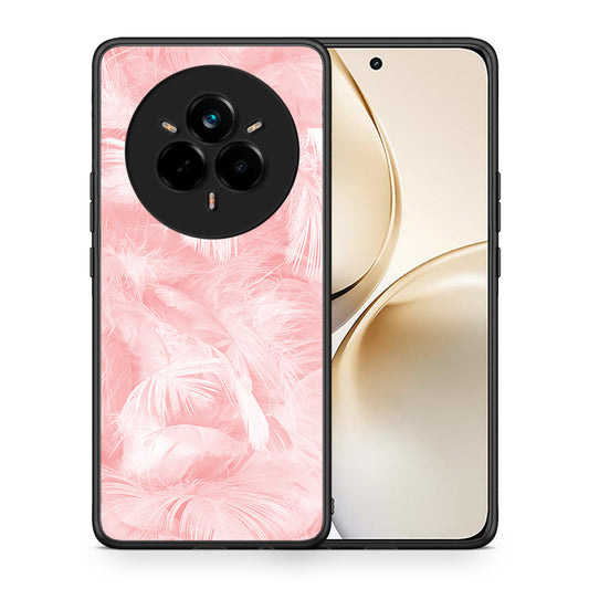 Θήκη Realme 14 Pro Plus Pink Feather Boho από τη Smartfits με σχέδιο στο πίσω μέρος και μαύρο περίβλημα | Realme 14 Pro Plus Pink Feather Boho case with colorful back and black bezels
