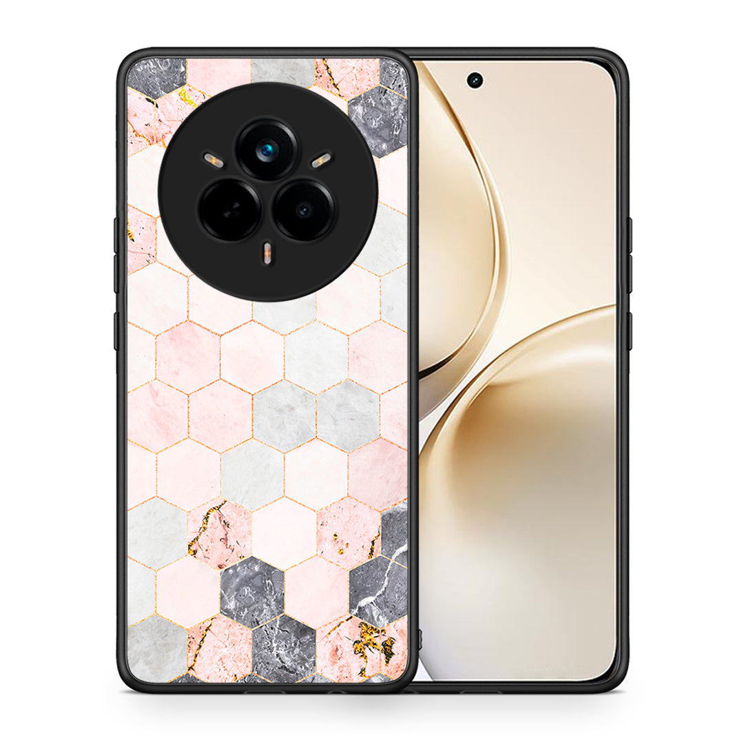 Θήκη Realme 14 Pro Plus Hexagon Pink Marble από τη Smartfits με σχέδιο στο πίσω μέρος και μαύρο περίβλημα | Realme 14 Pro Plus Hexagon Pink Marble case with colorful back and black bezels