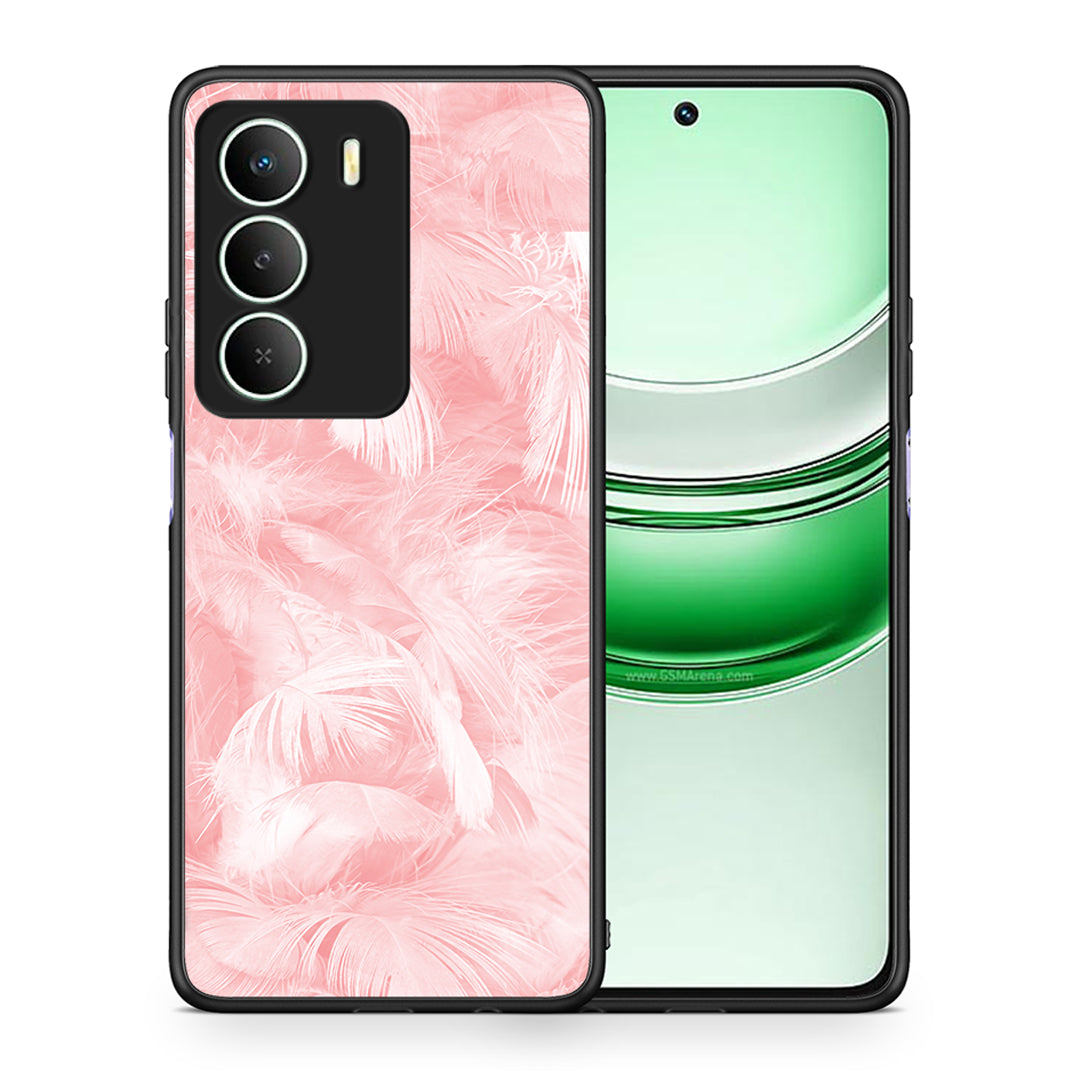 Θήκη Realme 14X Pink Feather Boho από τη Smartfits με σχέδιο στο πίσω μέρος και μαύρο περίβλημα | Realme 14X Pink Feather Boho case with colorful back and black bezels