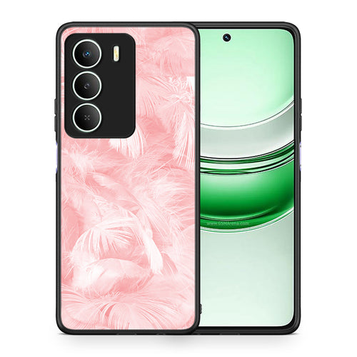 Θήκη Realme 14X Pink Feather Boho από τη Smartfits με σχέδιο στο πίσω μέρος και μαύρο περίβλημα | Realme 14X Pink Feather Boho case with colorful back and black bezels