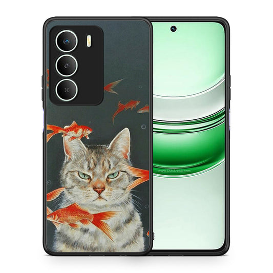 Θήκη Realme 14X Cat Goldfish από τη Smartfits με σχέδιο στο πίσω μέρος και μαύρο περίβλημα | Realme 14X Cat Goldfish case with colorful back and black bezels