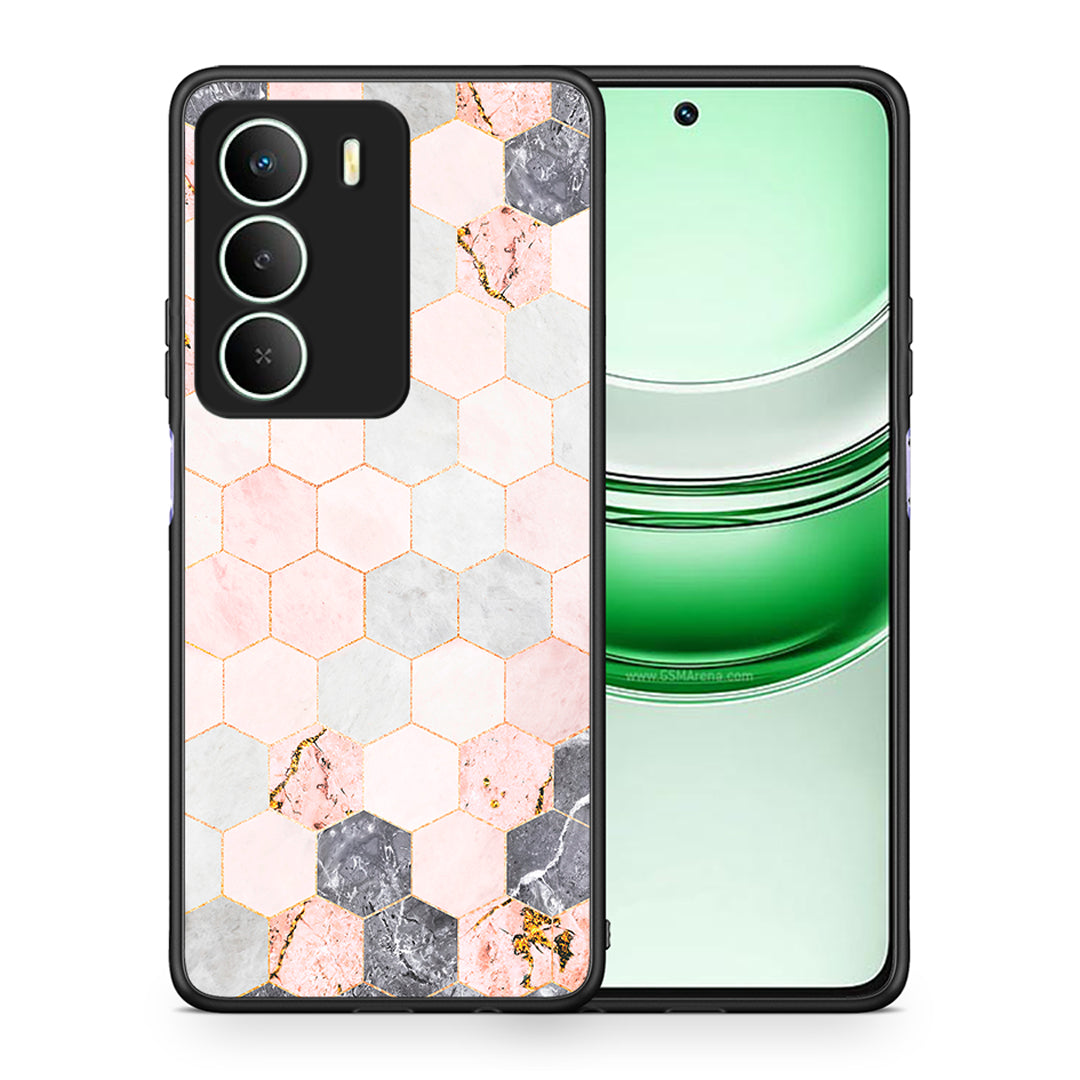 Θήκη Realme 14X Hexagon Pink Marble από τη Smartfits με σχέδιο στο πίσω μέρος και μαύρο περίβλημα | Realme 14X Hexagon Pink Marble case with colorful back and black bezels