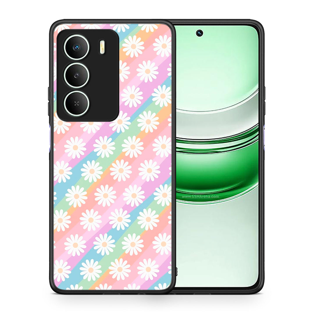 Θήκη Realme 14X White Daisies από τη Smartfits με σχέδιο στο πίσω μέρος και μαύρο περίβλημα | Realme 14X White Daisies case with colorful back and black bezels