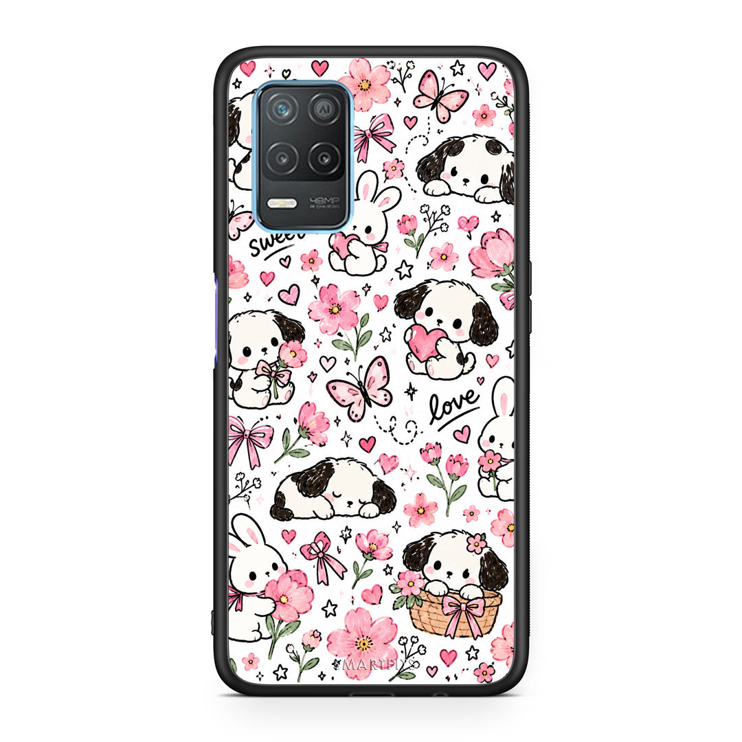 Θήκη Realme 8 5G Pink Florals Puppies and Bunnies on White από τη Smartfits με σχέδιο στο πίσω μέρος και μαύρο περίβλημα | Realme 8 5G Pink Florals Puppies and Bunnies on White case with colorful back and black bezels
