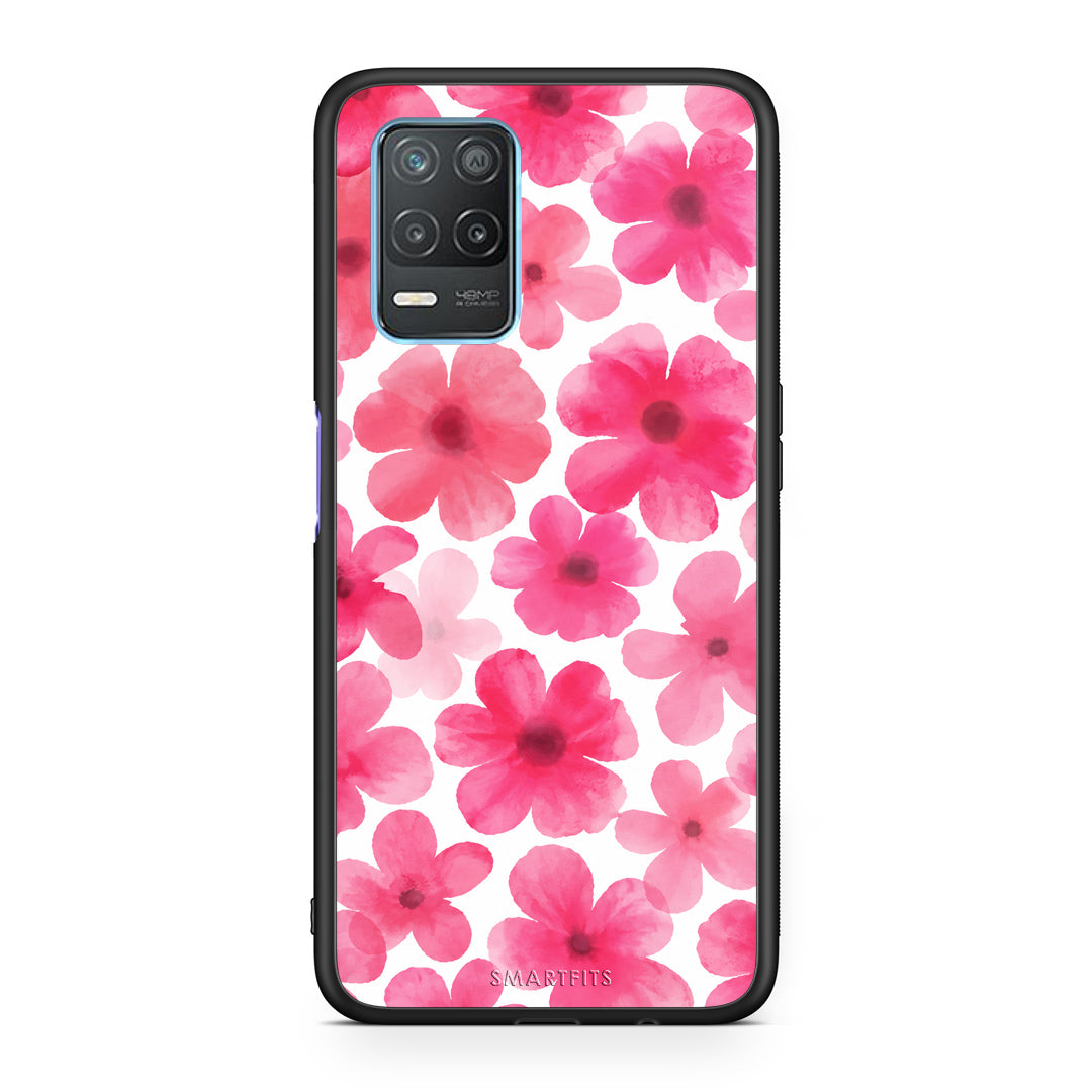 Θήκη Realme 8 5G Pink Watercolour Flowers on White από τη Smartfits με σχέδιο στο πίσω μέρος και μαύρο περίβλημα | Realme 8 5G Pink Watercolour Flowers on White case with colorful back and black bezels