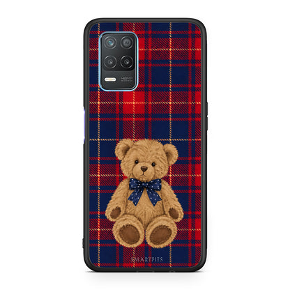 Θήκη Realme 8 5G Teddy Bear on Red and Navy Tartan από τη Smartfits με σχέδιο στο πίσω μέρος και μαύρο περίβλημα | Realme 8 5G Teddy Bear on Red and Navy Tartan case with colorful back and black bezels