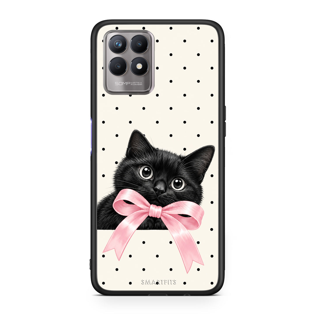 Θήκη Realme 8i Black Kitten Pink Bow and Polka Dots από τη Smartfits με σχέδιο στο πίσω μέρος και μαύρο περίβλημα | Realme 8i Black Kitten Pink Bow and Polka Dots case with colorful back and black bezels
