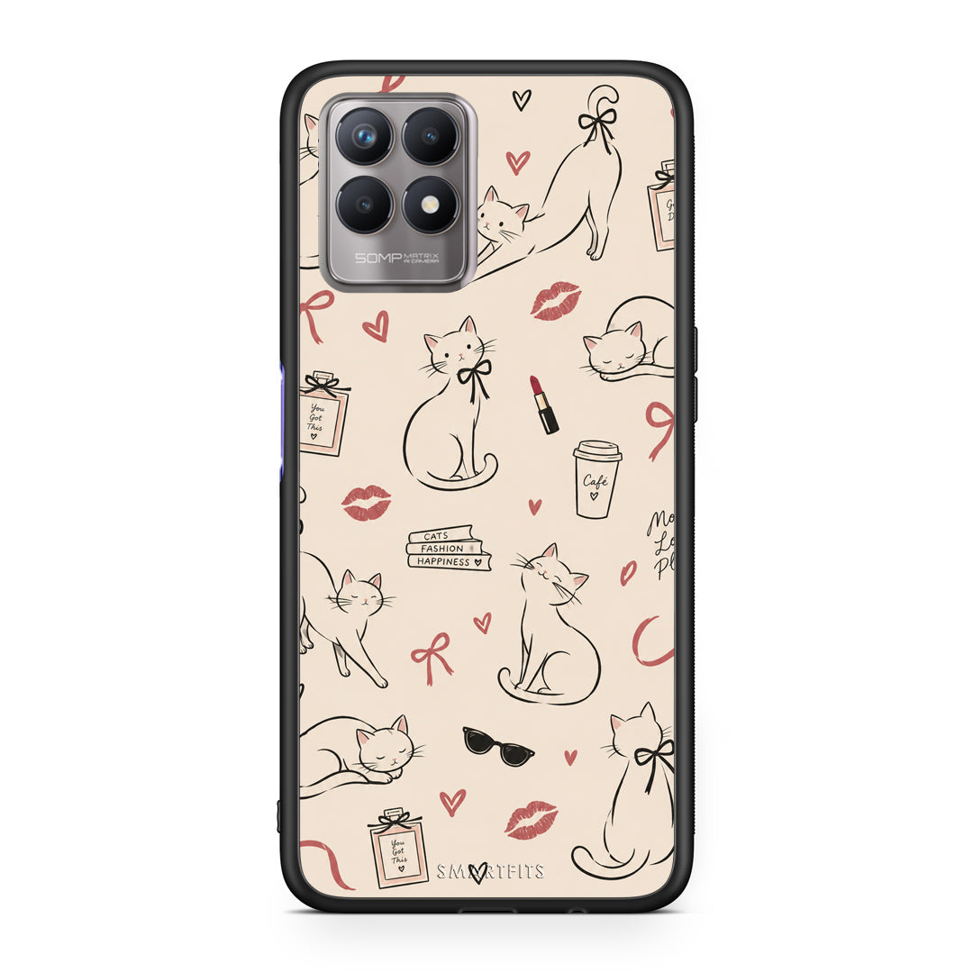 Θήκη Realme 8i Minimal Cat and Fashion Doodles on Cream από τη Smartfits με σχέδιο στο πίσω μέρος και μαύρο περίβλημα | Realme 8i Minimal Cat and Fashion Doodles on Cream case with colorful back and black bezels