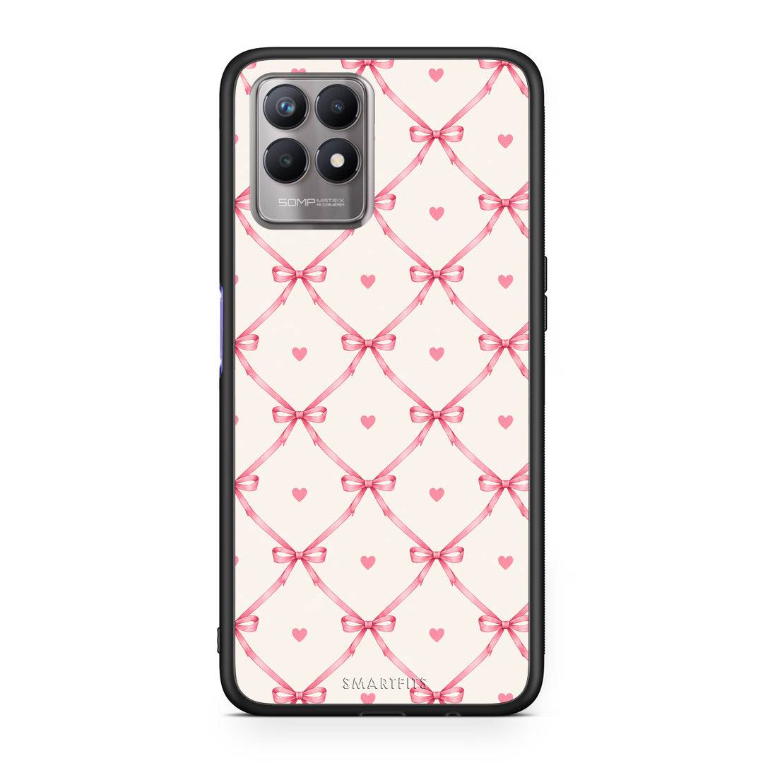 Θήκη Realme 8i Pink Bow Lattice and Hearts on Cream από τη Smartfits με σχέδιο στο πίσω μέρος και μαύρο περίβλημα | Realme 8i Pink Bow Lattice and Hearts on Cream case with colorful back and black bezels