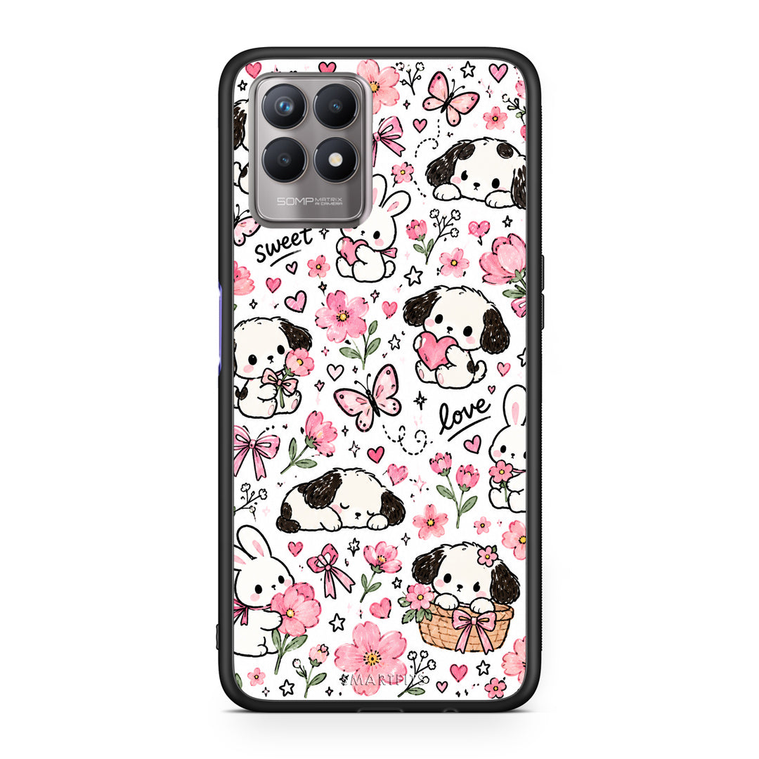 Θήκη Realme 8i Pink Florals Puppies and Bunnies on White από τη Smartfits με σχέδιο στο πίσω μέρος και μαύρο περίβλημα | Realme 8i Pink Florals Puppies and Bunnies on White case with colorful back and black bezels
