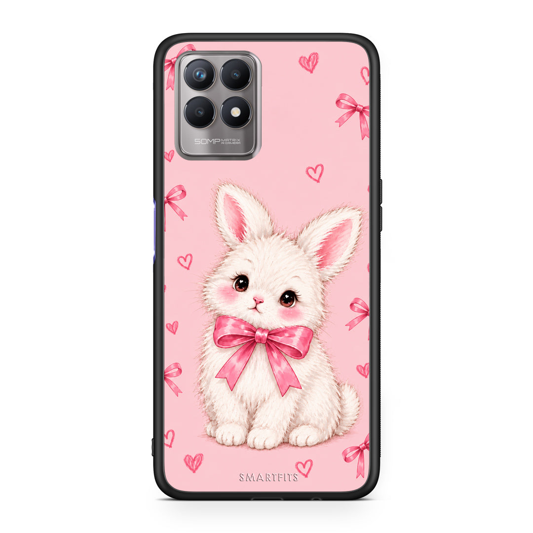 Θήκη Realme 8i White Bunny and Pink Bows από τη Smartfits με σχέδιο στο πίσω μέρος και μαύρο περίβλημα | Realme 8i White Bunny and Pink Bows case with colorful back and black bezels