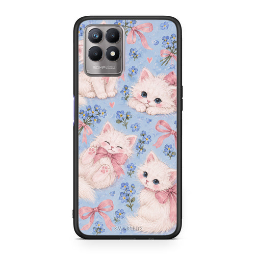 Θήκη Realme 8i White Kittens and Blue Flowers Large από τη Smartfits με σχέδιο στο πίσω μέρος και μαύρο περίβλημα | Realme 8i White Kittens and Blue Flowers Large case with colorful back and black bezels