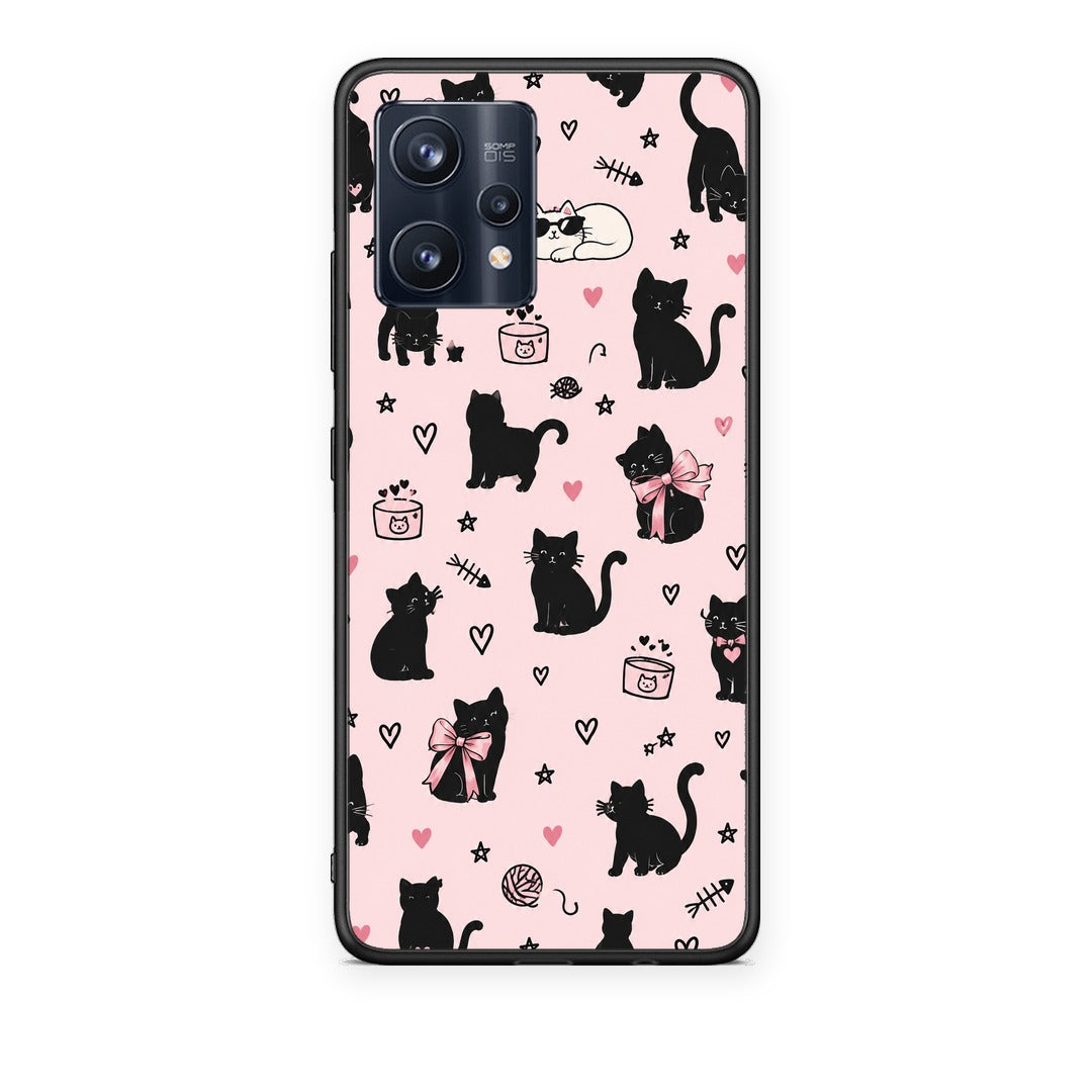 Θήκη Realme 9 / 9 Pro+ 5G Black Cat Doodles on Pink από τη Smartfits με σχέδιο στο πίσω μέρος και μαύρο περίβλημα | Realme 9 / 9 Pro+ 5G Black Cat Doodles on Pink case with colorful back and black bezels