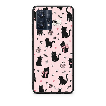Θήκη Realme 9 / 9 Pro+ 5G Black Cat Doodles on Pink από τη Smartfits με σχέδιο στο πίσω μέρος και μαύρο περίβλημα | Realme 9 / 9 Pro+ 5G Black Cat Doodles on Pink case with colorful back and black bezels